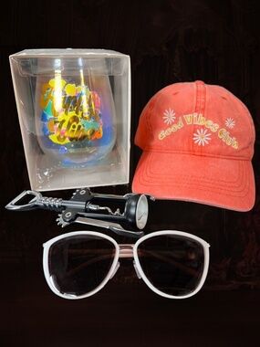 Good Vibes Summer Celebration Lot: Hat, Sun Glasses, Wine Glass & Wine Opener